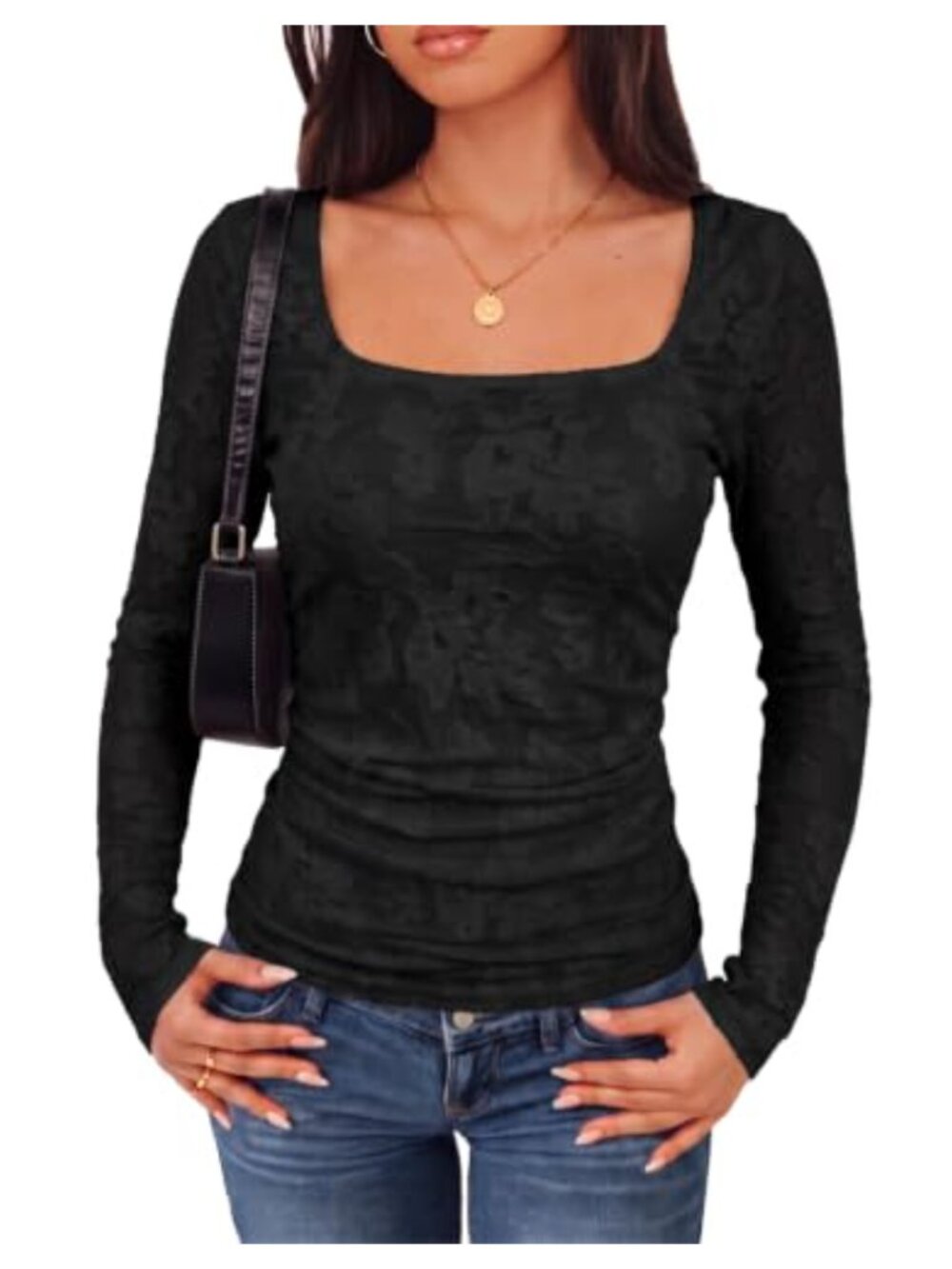 Floral Mesh Long Sleeve Ruched Square Neck Fitted Blouse